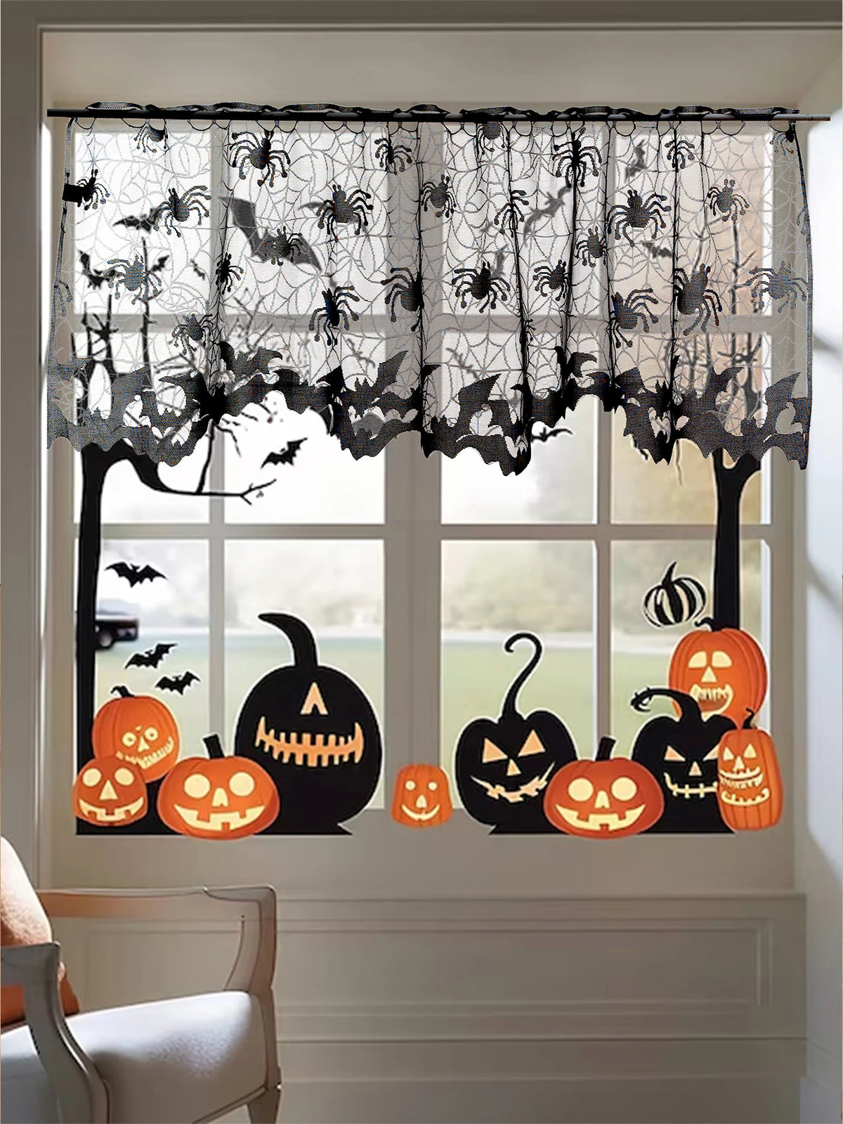 Halloween Short Curtains, Spooky Window Curtain Panels for Living Room, Bedroom & Kitchen, Dark Halloween Decor for Cabinets, Windows & Indoor Spaces