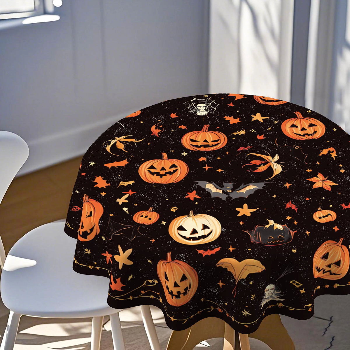 Halloween Round Tablecloth – 2D Printed Pumpkin & Bat Table Cover, Waterproof Polyester Table Decor for Kitchen, Dining Table & Party