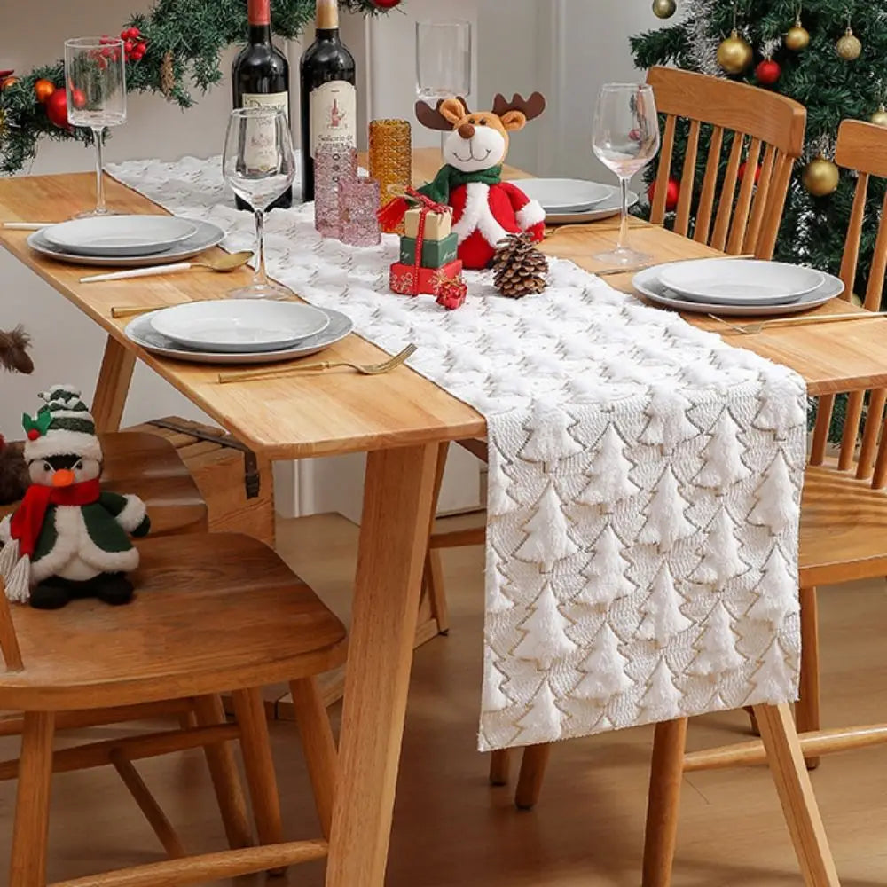 Christmas Tree Table Runner 33×183cm – Plush Embroidered & Embossed Table Cover for Dining Table, Holiday & Festive Home Decor