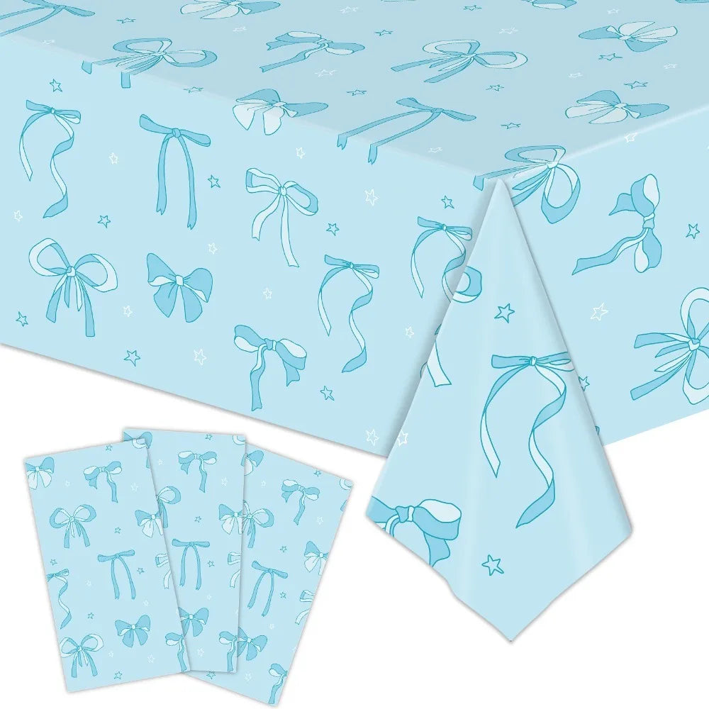 Cute Bow Birthday Tablecloth 137×274cm, Disposable Waterproof Plastic Table Cover for Birthday Party, Baby Shower, Wedding & Celebration Dining Table Decor