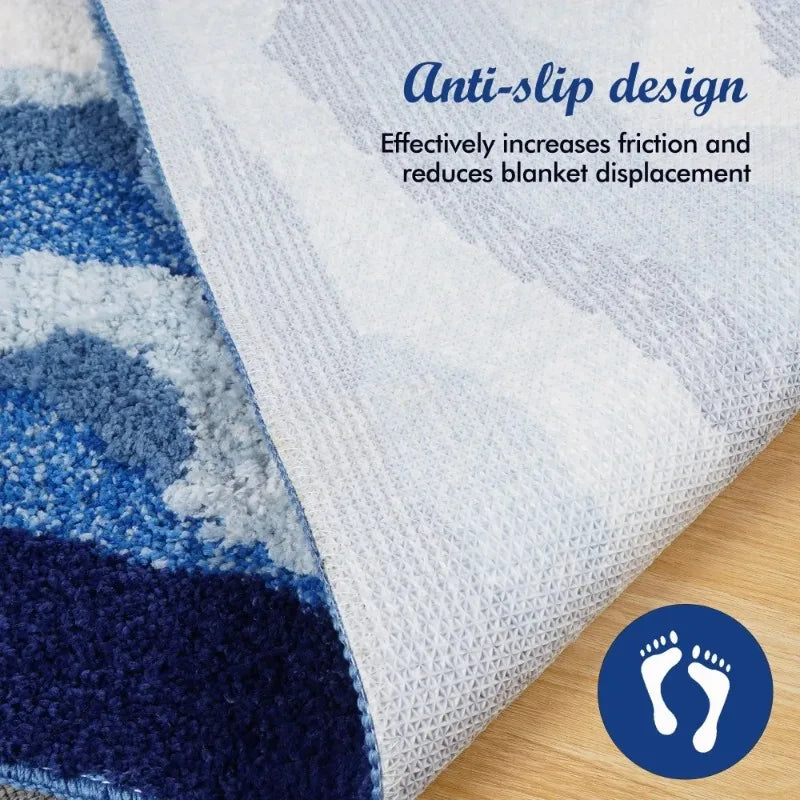 Aesthetic Wave Rug 50×80–70×160cm, Blue Ocean Tufted Polyester Carpet with Anti-Slip Backing, Soft Scenic Floor Mat for Bathroom, Bedroom, Living Room & Kids’ Room