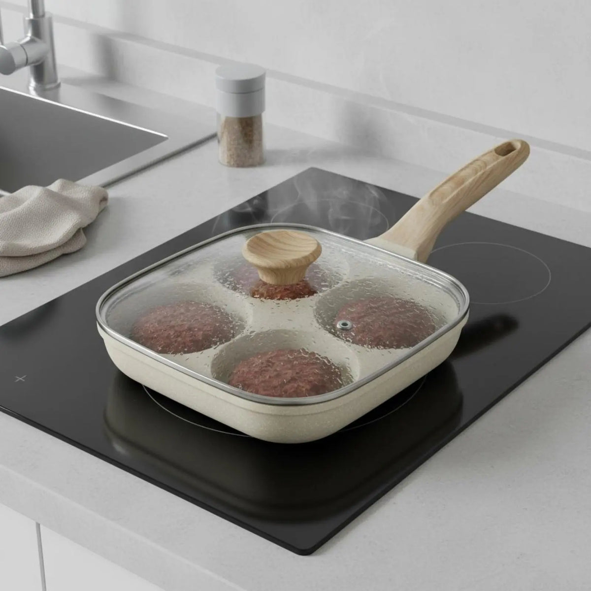 4-Section Egg Frying Pan with Glass Lid – 4-Cup Nonstick Breakfast Skillet with Stone Coating for Eggs, Pancakes & Patties