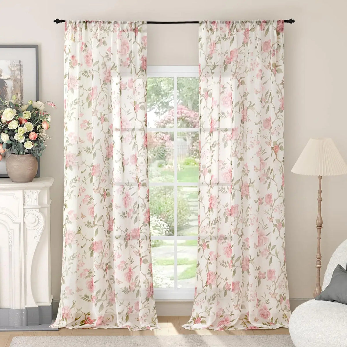 Floral Sheer Curtains for Girls Bedroom, Vintage Farmhouse Semi-Sheer Polyester Window Curtain, Light-Filtering Privacy Drapes for Kids’ Nursery, Living Room & Home Decor