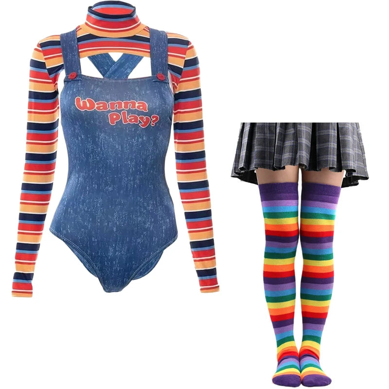 Halloween Costumes for Women Scary Nightmare Killer Doll Wanna Play Movie Character Chucky Doll Costume With Stockings