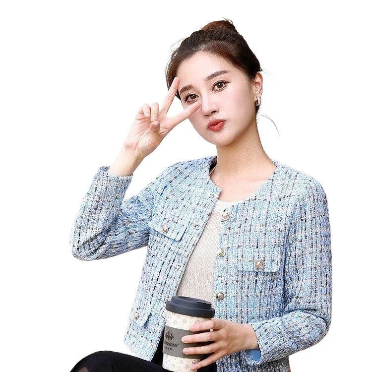 New casual Women Korean Sweet Tweed Jacket Fashion Simple Long Sleeve