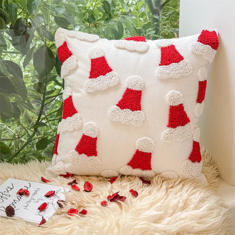 Christmas Tufted Cushion Cover 45×45cm, Red & White 3D Candy Cane & Santa Hat Embroidered Pillowcase, Festive Holiday Throw Pillow Cover for Sofa, Chair, Car & Home Decor