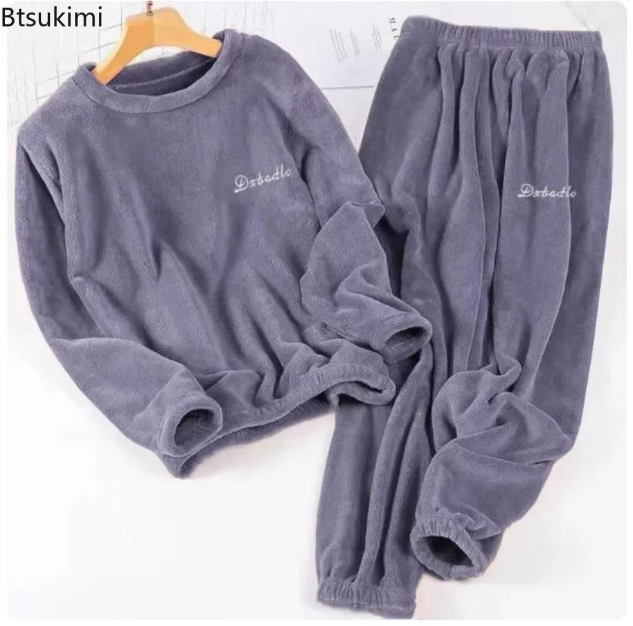2026 Autumn Winter Couple Pajamas Sets Casual Warm Flannel Pajamas Loose O-neck Tops+Pants Men and Women Sleepwear Two Piece Set