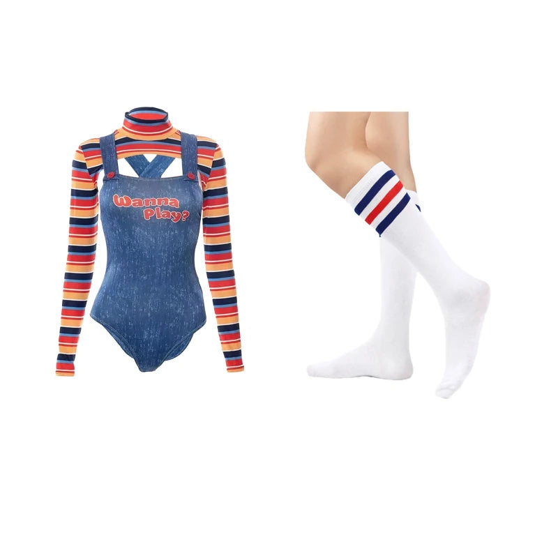 Halloween Costumes for Women Scary Nightmare Killer Doll Wanna Play Movie Character Chucky Doll Costume With Stockings