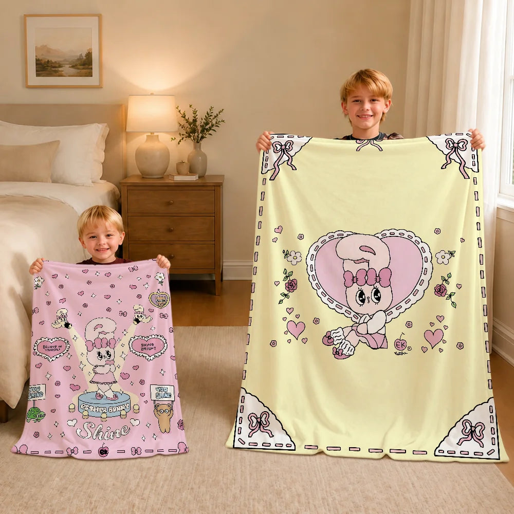 Kawaii Esther Bunny Plush Blanket – Cute Cartoon Rabbit Flannel Throw, Soft Printed Blanket for Sofa, Bed, Travel & Gifts