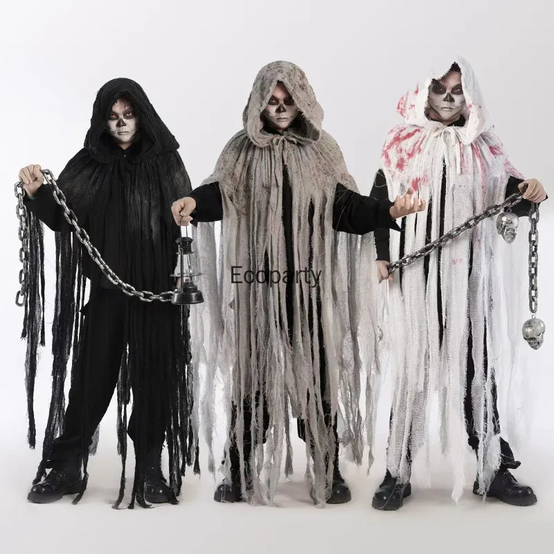 Adult Halloween Ghost Dementors Cosplay Costume Horror Dilapidated Tassels Zombie Hooded Cape Day Of The Dead Party Outfits