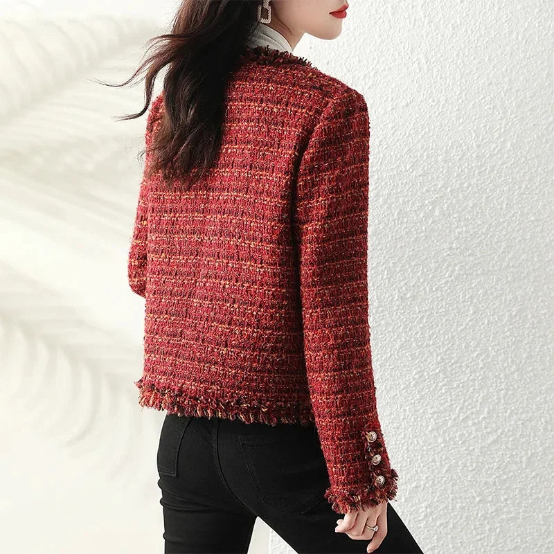 New Autumn Winter Vintage Tweed Jacket Women Small Fragrance Coat Korean Wool Blend Coat Elegant Female Outerwear Mother Clothes