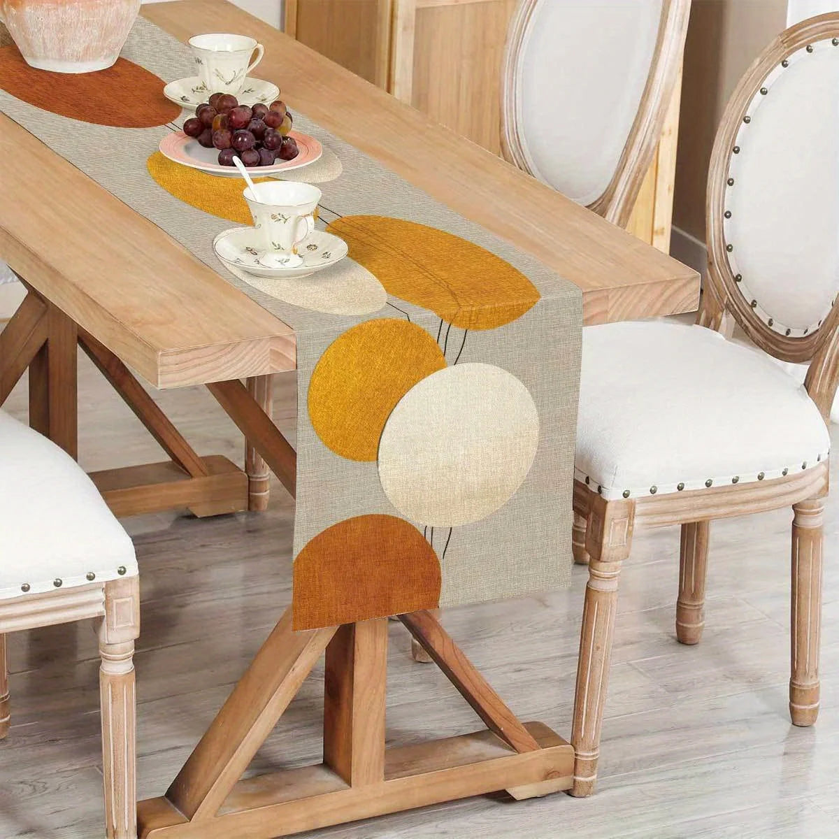 Beige Mustard Yellow White Table Runner, Modern Minimalist Circular Pattern Linen Tablecloth for Dining Room, Kitchen & Office Decor