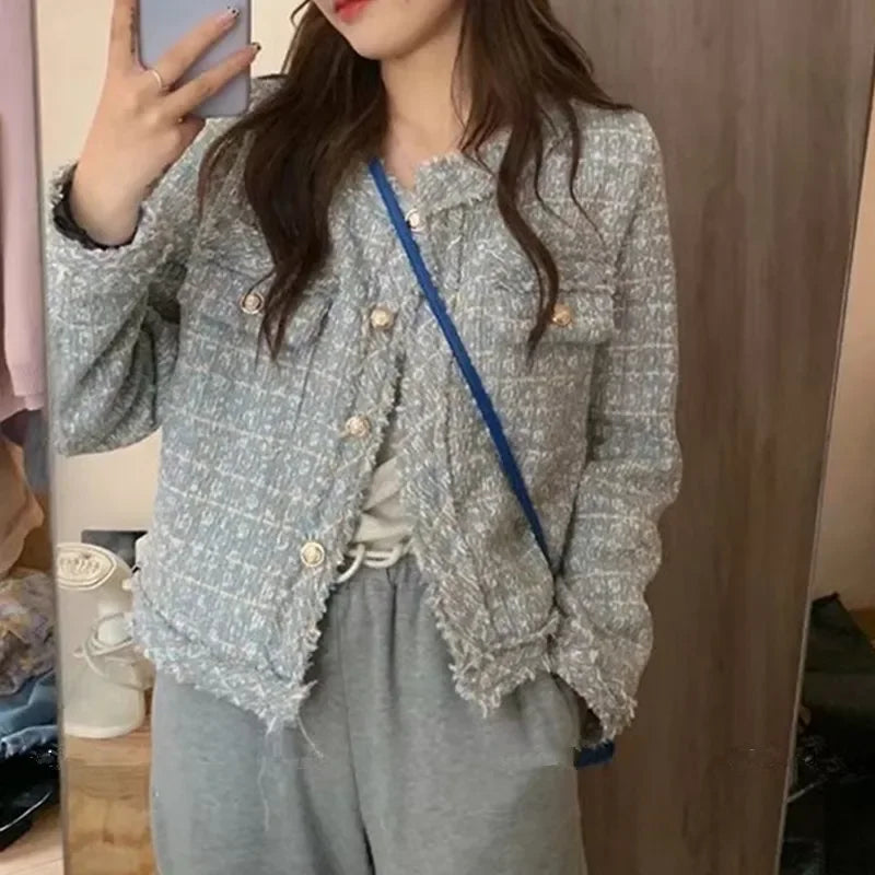HJLZWB New Fashion Korean Chic Vintage Tweed Woolen Jacket Coat Women