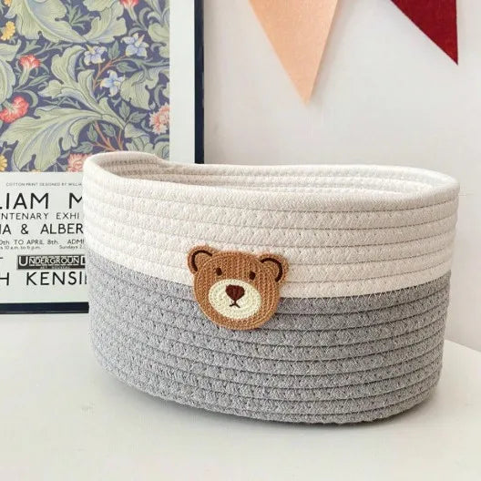 Cute Bear Fabric Storage Basket Woven Organizer Bin for Toys Clothes Home Bedroom Living Room Decorative Storage