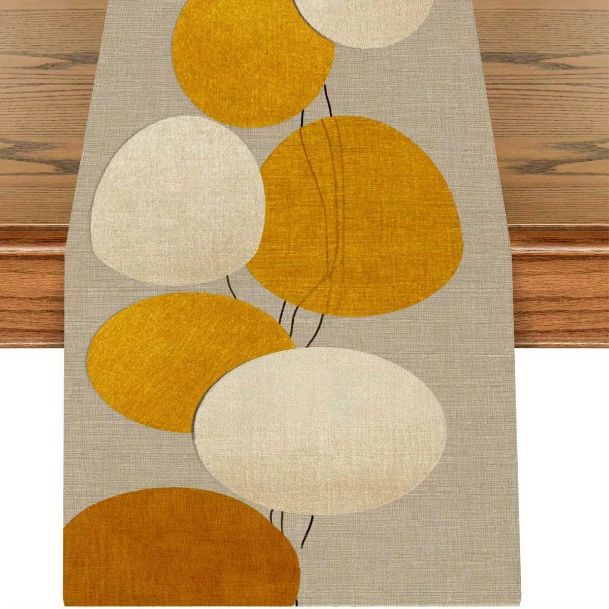 Beige Mustard Yellow White Table Runner, Modern Minimalist Circular Pattern Linen Tablecloth for Dining Room, Kitchen & Office Decor