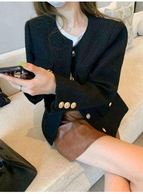 French Wool Tweed Coat Fashion High-end Gold Button Short Slim