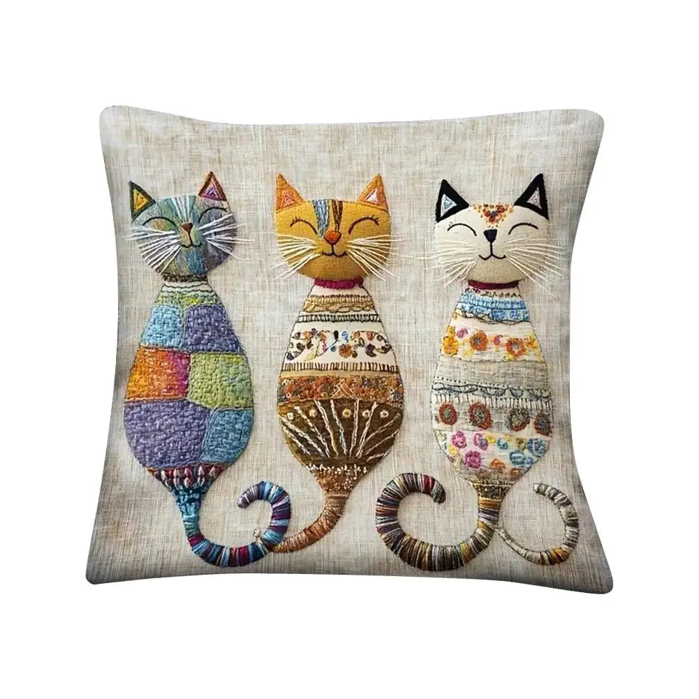 Cute Cat Pillow Cover 45×45cm, 2D Printed Animal Cushion Case with Three-Cat Patchwork Design, Soft Plush Decorative Pillowcase for Sofa, Bed, Chair & Home Decor