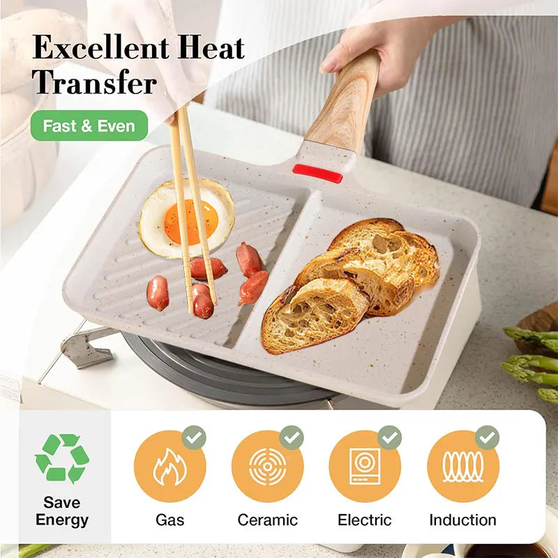 2-Section Nonstick Omelette & Breakfast Frying Pan – Divided Aluminum Grill Pan for Eggs, Steak, Chicken & Vegetables, All-Stove Compatible