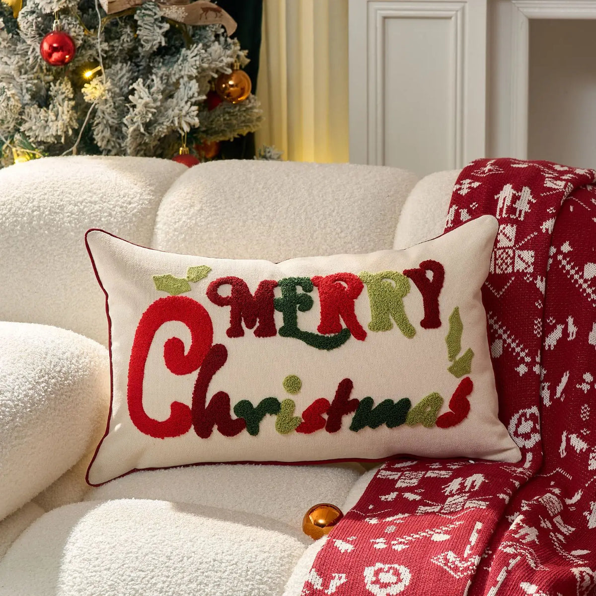 Christmas Embroidered Cushion Cover, Red “HO HO HO” Snowflake & Gingerbread Man Pillowcase, Festive Holiday Throw Pillow Cover for Sofa, Chair & Home Decor