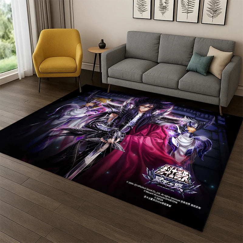 Saint Seiya Anime Rug, Retro Cartoon Polyester Flannel Carpet with PVC Anti-Slip Backing, Tufted Floor Mat for Kids’ Playroom, Bedroom, Living Room & Home Decor