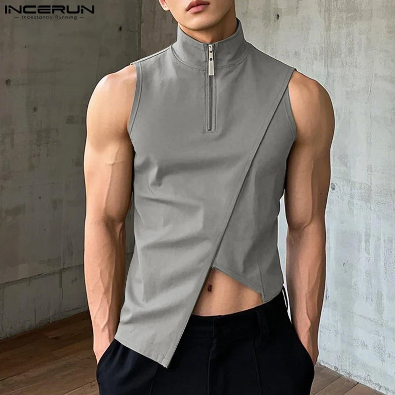 Men Tank Tops Sleeveless Streetwear INCERUN Casual Male Tops Tee Oversize Irregular Tops Zipper Summer Men's Clothing S-5XL