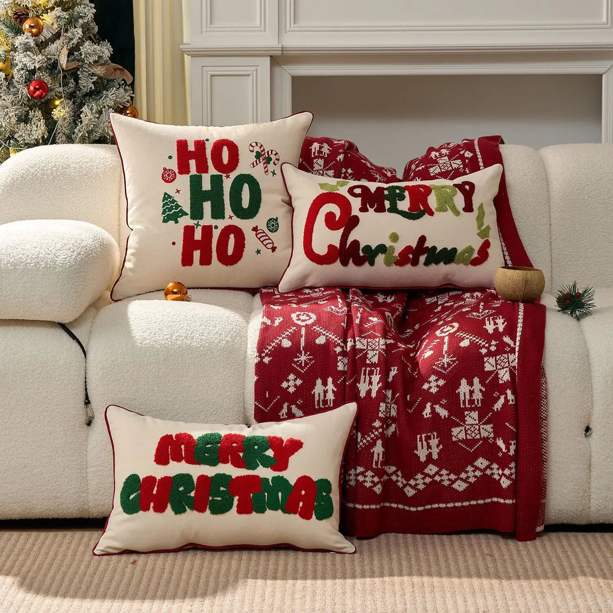 Christmas Embroidered Cushion Cover, Red “HO HO HO” Snowflake & Gingerbread Man Pillowcase, Festive Holiday Throw Pillow Cover for Sofa, Chair & Home Decor