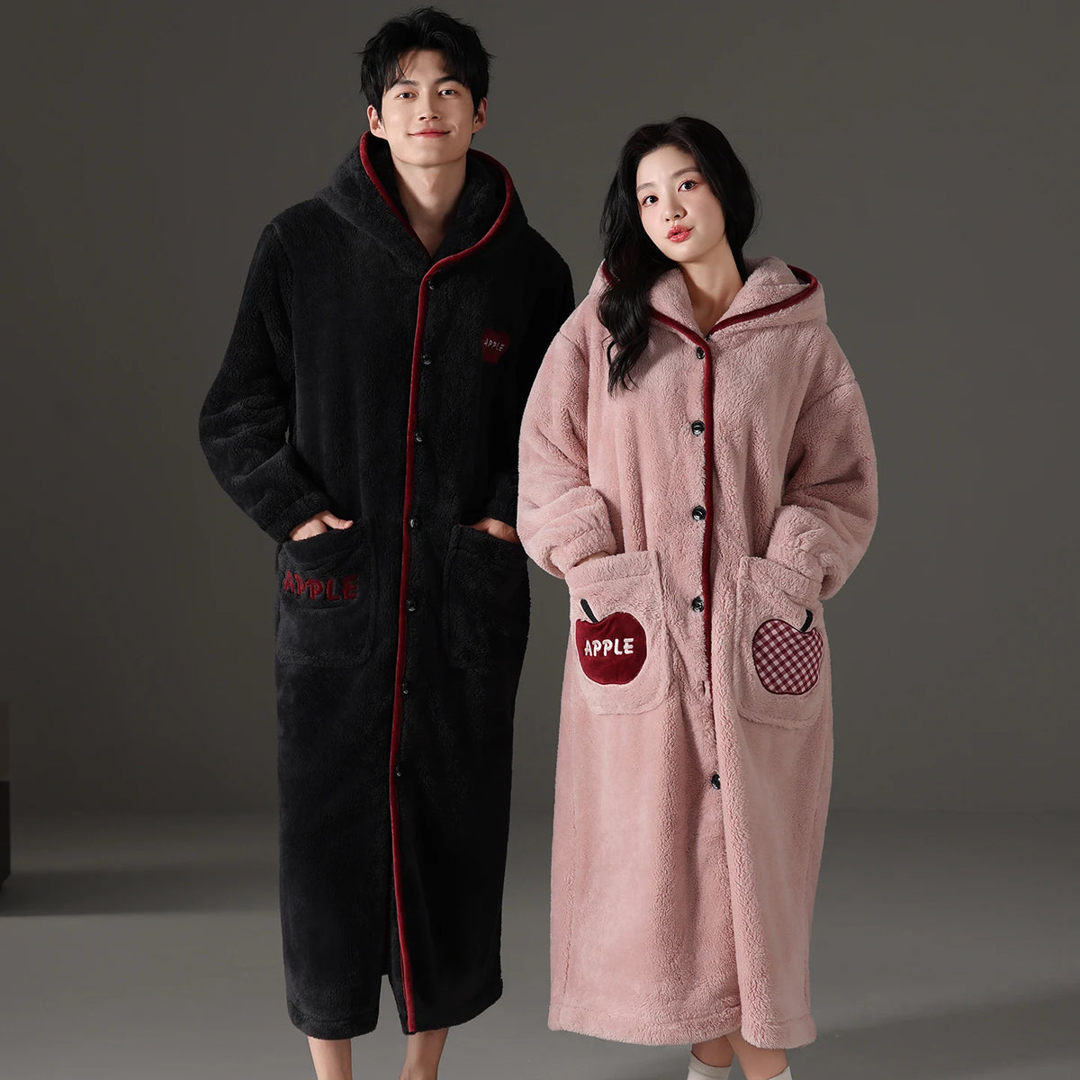 Couple Hooded Coral Fleece Pajama Set Thick Warm Sleepwear Female and Male Soft Coral Velvet Robe