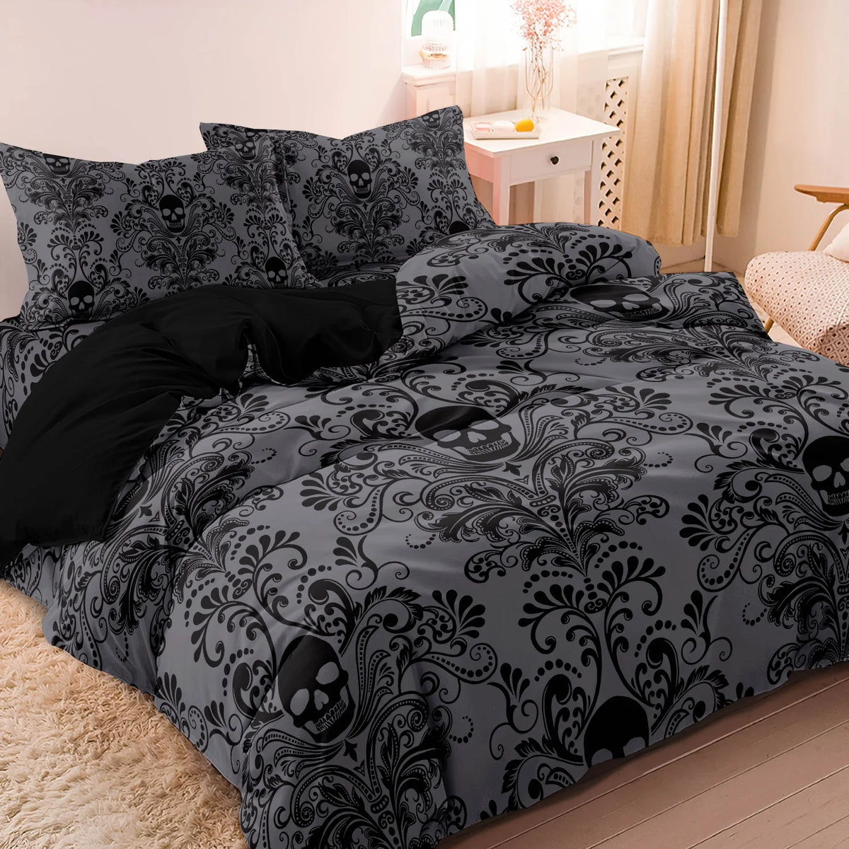 Gothic Skull Duvet Cover Set – 3-Piece Printed Bedding with Pillowcases, Dark Alternative Bedroom Decor for Adults