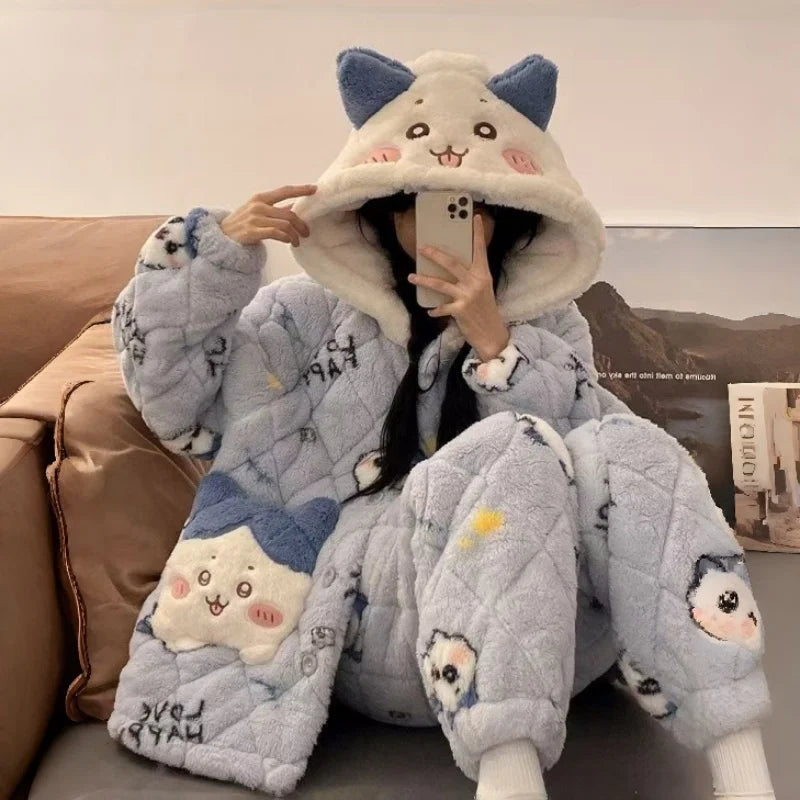 Anime chiikawa autumn and winter girls' pajamas cartoon hachiware cotton and plush thick warm hooded coral fleece home clothes
