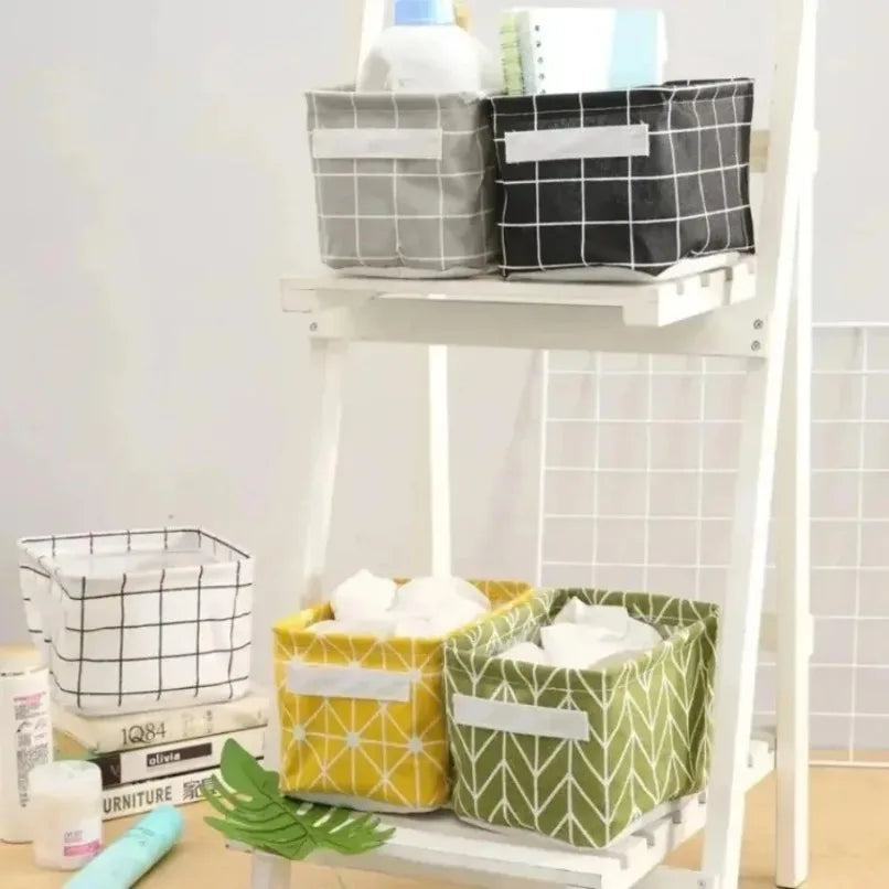 Collapsible Fabric Storage Basket Grid Pattern 20×16×14 cm Foldable Organizer Bin with Handle for Home Office Desk Drawer Closet