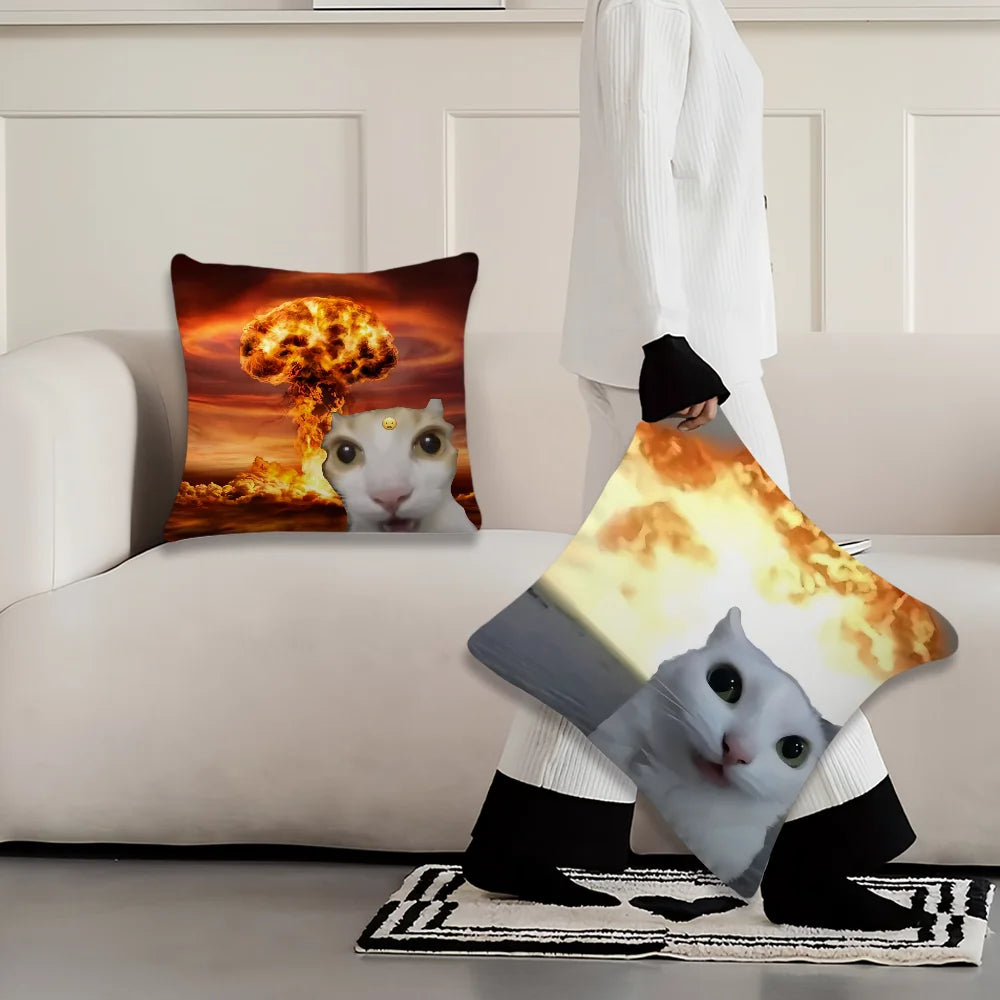 Funny Cat Meme Cushion Cover, Double-Sided Printed 100% Polyester Pillowcase, Cute Square Decorative Throw Pillow Cover for Sofa, Living Room, Office, Car & Home Decor