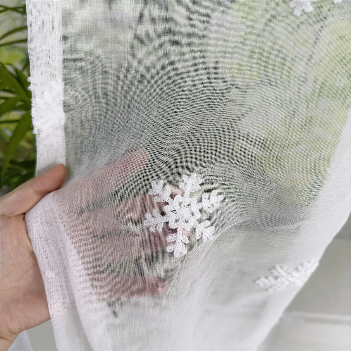 Christmas Snowflake Embroidered Tulle Curtain, White Romantic Imitation Linen Sheer Window Drapes, Elegant Translucent Curtain for Living Room, Bedroom & Holiday Decor