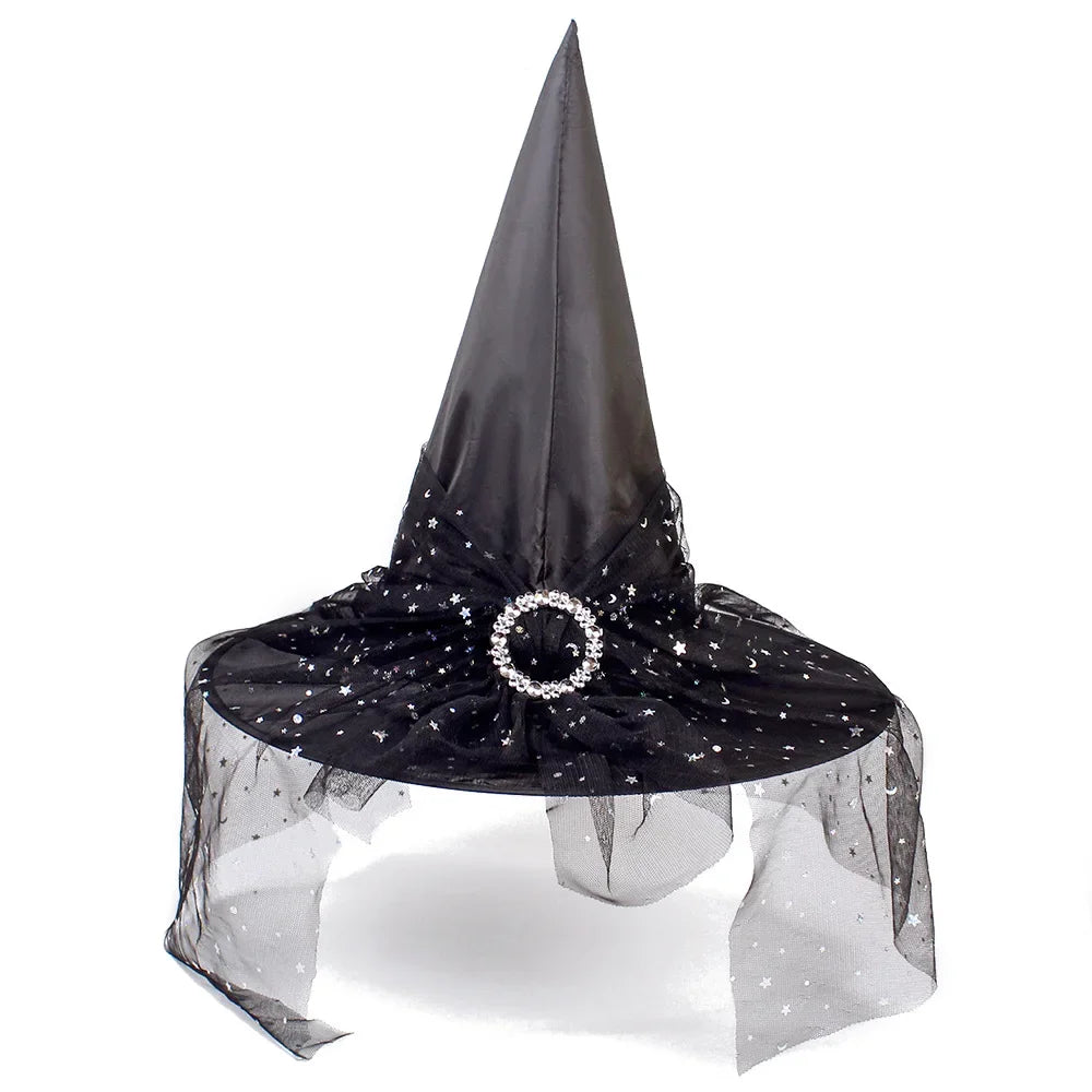 Witch Hat Halloween Hat Decoration Props for Adults Children Cosplay Witch Net Gauze Headwear Polyester Taff Witch Halloween