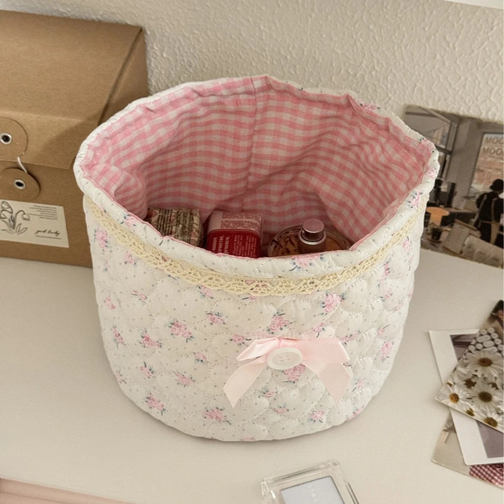 Cute Quilted Fabric Storage Basket – Foldable Round Desktop Organizer | Boho Home Decor