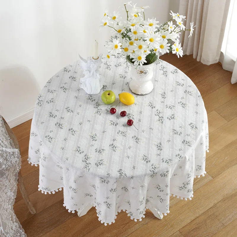 Round Floral Cotton Tablecloth with Tassel Edge, 100% Cotton Reusable Table Cover, Handmade Circular Dining Table Decor for Kitchen, Farmhouse, Wedding, Party & Home