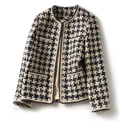 Women's Houndstooth Tweed Jacket - Black & Cream Collarless Cardigan Coat with Rope Trim