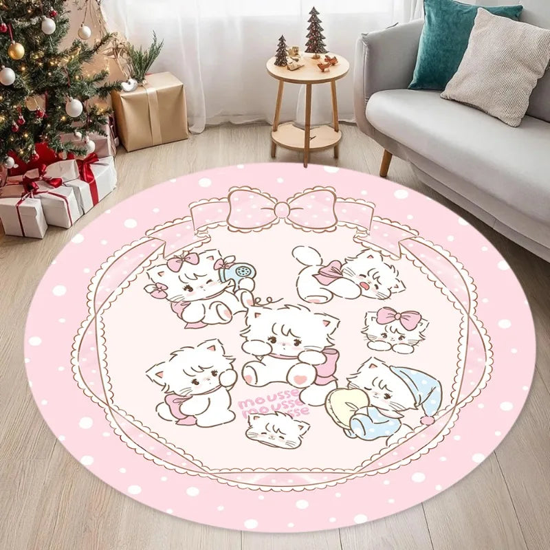 Round Pink Dot Cartoon Cat Rug, Cute Polyester Flannel Floor Mat with Non-Slip PP Backing, Modern Decorative Carpet for Living Room, Bedroom & Home Decor