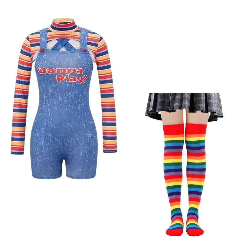 Halloween Costumes for Women Scary Nightmare Killer Doll Wanna Play Movie Character Chucky Doll Costume With Stockings