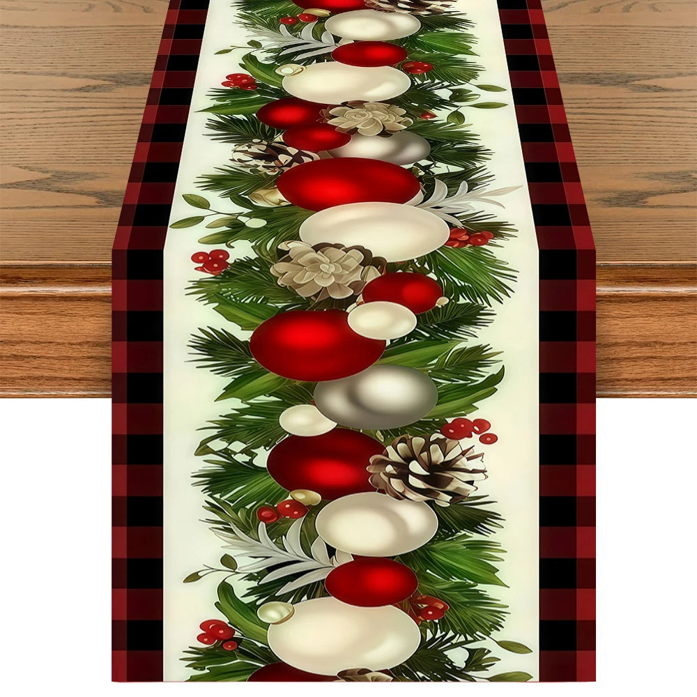 Christmas Table Runner 35×180cm, Red & Black Buffalo Plaid with Pine Cone, Berry, Pine Leaf & Christmas Ball Design, Polyester Holiday Table Decor