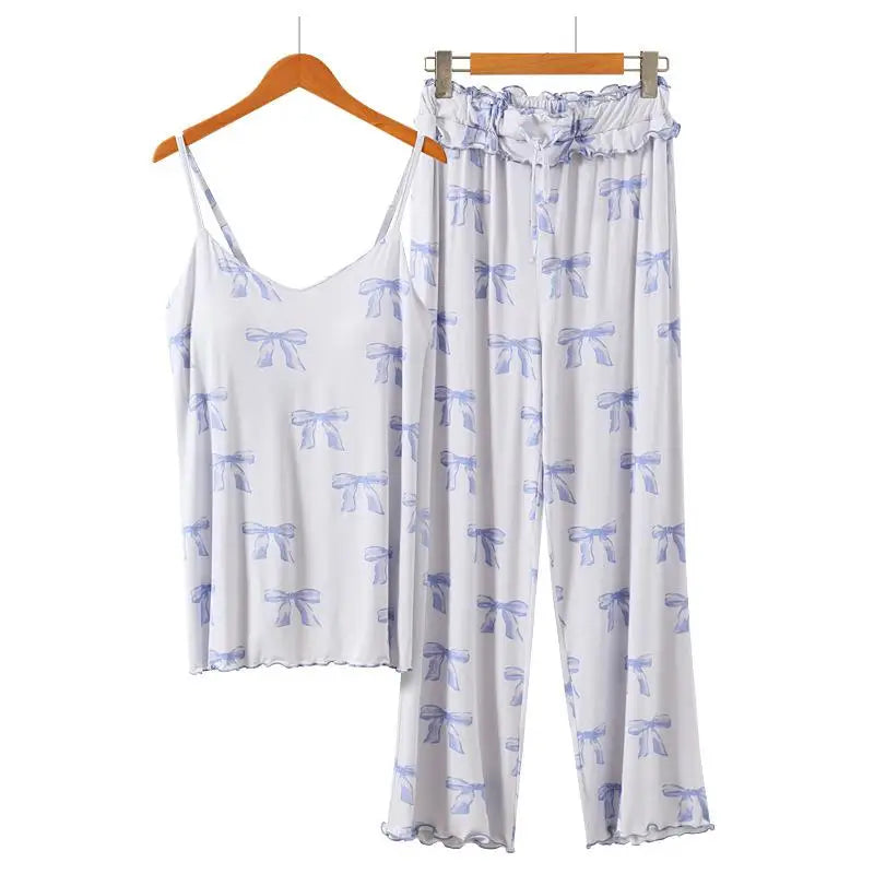 ComfortableJapanese Style Pajamas Soft Modal Sleepwear Long Sleeve/Straps Pants Home Clothes Suit Sweet Bow Print Loungewear