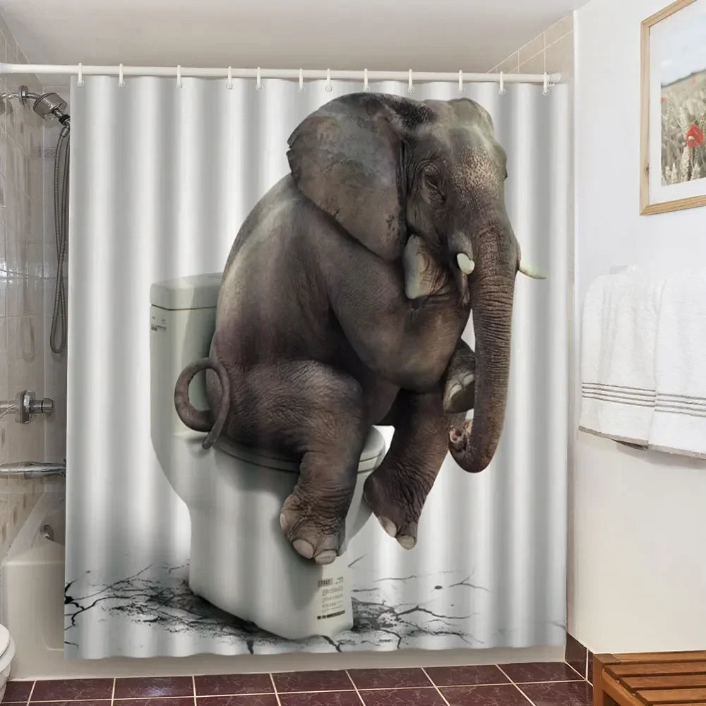 Funny Cat & Dinosaur Shower Curtain, Waterproof 3D Printed Polyester Bathroom Curtain with 12 Hooks, Washable Cartoon Bath Decor, Custom Design Options