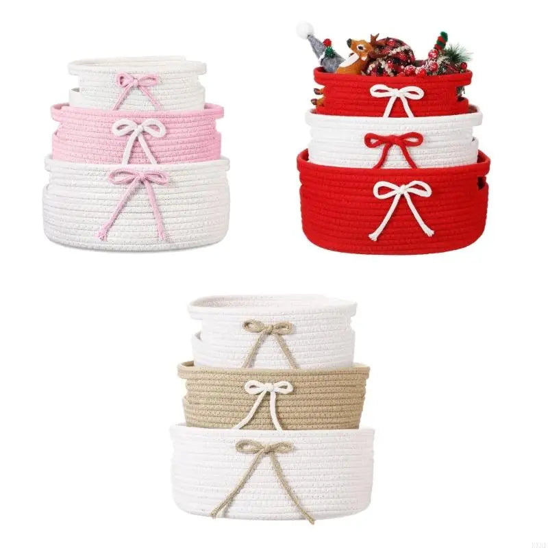 Set Of 3 Hand Handwoven Cotton Bowknot Decorated Storage Baskets Nesting Organizers For Home Bedroom Kids Room KXRE
