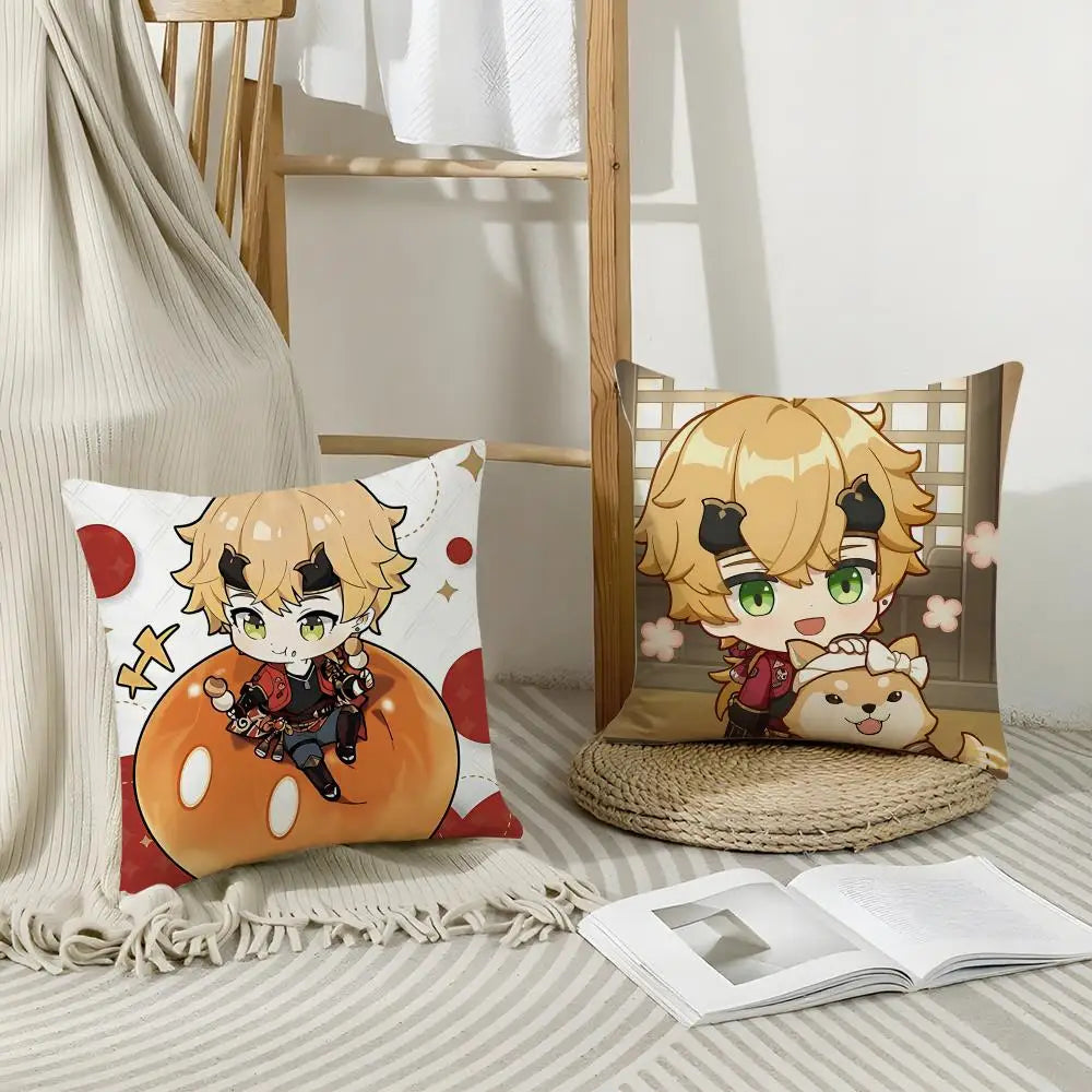 Thoma Genshin Impact Cushion Cover 40×40cm, Cute Anime Game Pillowcase with Double-Sided Print & Invisible Zipper, Soft Polyester Short Plush Sofa Pillow for Bedroom & Living Room Decor