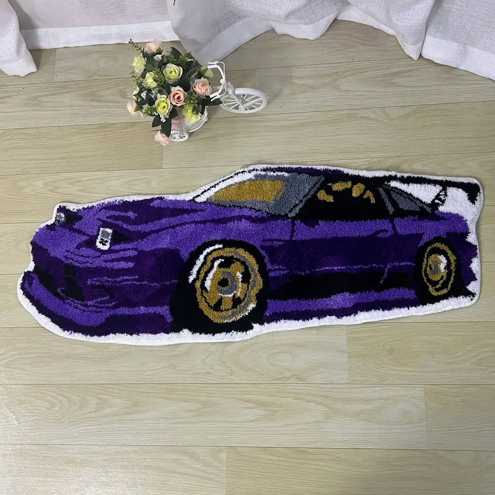 Racing Car Rug, Soft Tufted Sports Car Carpet with Anti-Slip Design, Modern Polyester Floor Mat for Living Room, Bedroom, Hallway & Bedside Decor