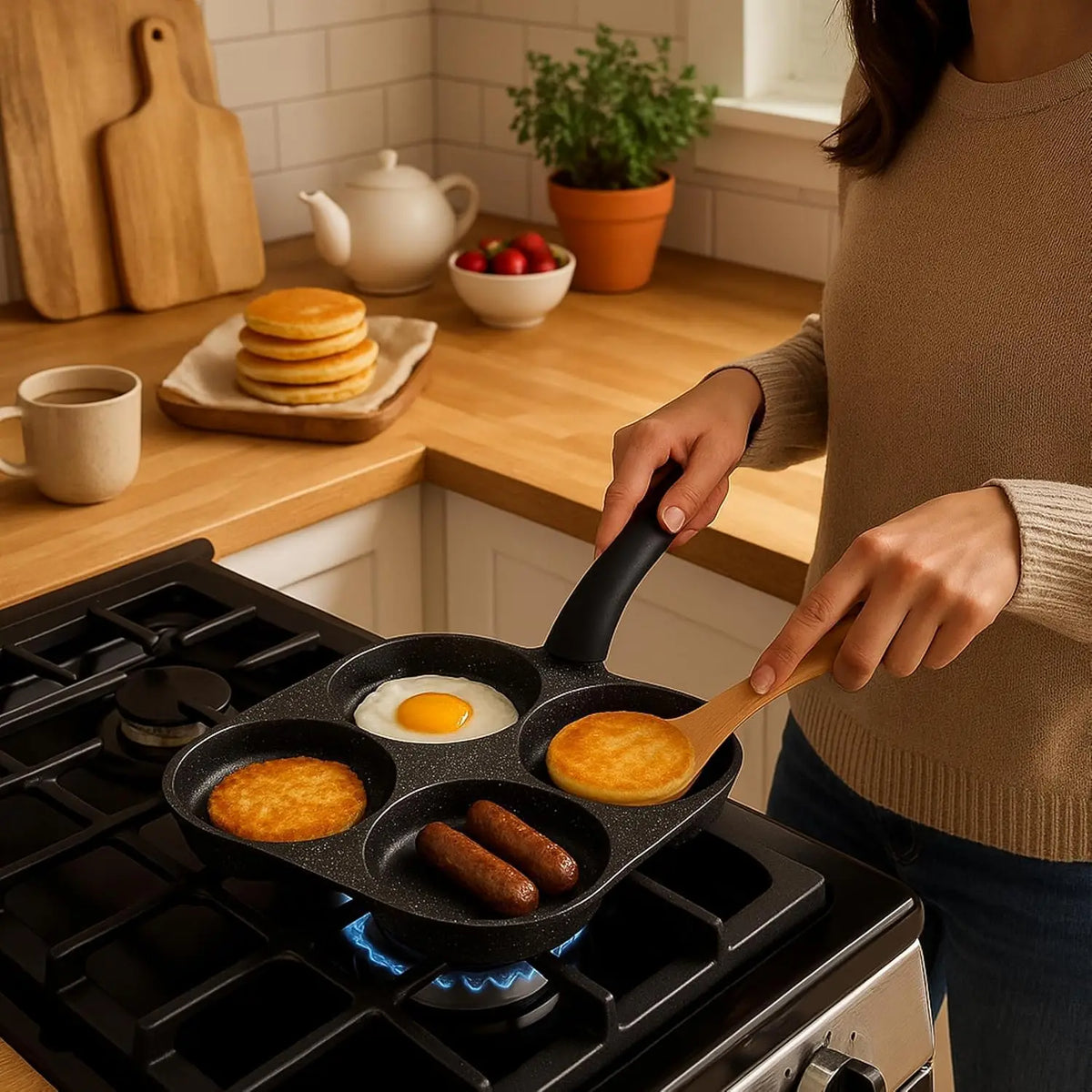 4-Hole Nonstick Egg Frying Pan – Multi-Section Breakfast Skillet with Handle for Eggs, Pancakes & Breakfast Foods