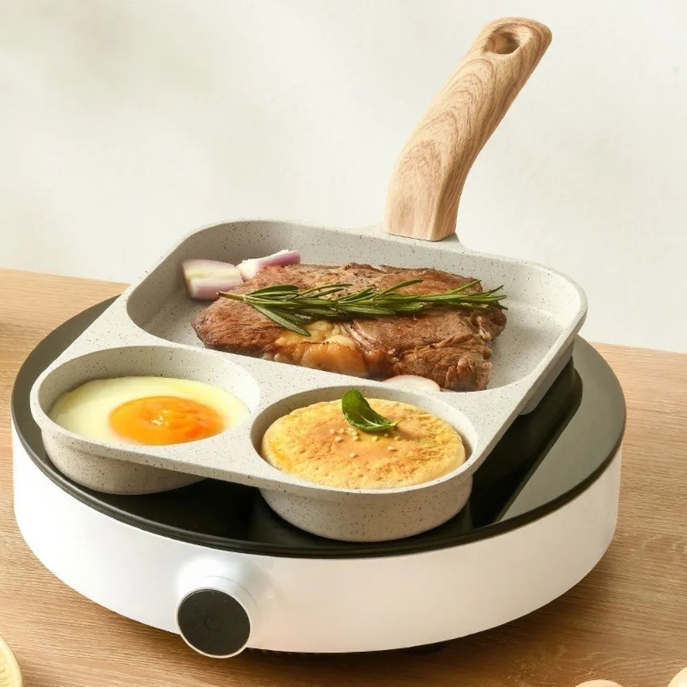 3-in-1 Nonstick Breakfast Frying Pan – Multi-Section Aluminum Egg & Breakfast Skillet with Wooden Handle, 22 × 19cm