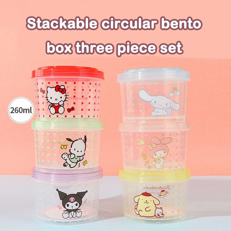 Cute Kitty Stackable Food Container 3 Piece Set Round Bento Box with Lid for Lunch Meal Prep Kitchen Storage Gift
