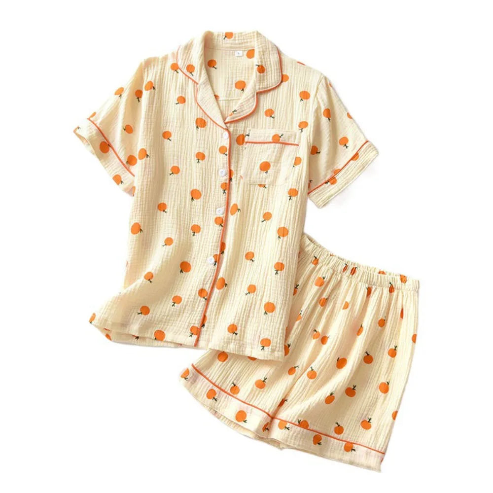 Fashion V-neck Fruits Pajamas Suit Loose Homewear Two Piece Nightwear Short-sleeves Sweet Women Short Sleepwear Summer Autumn
