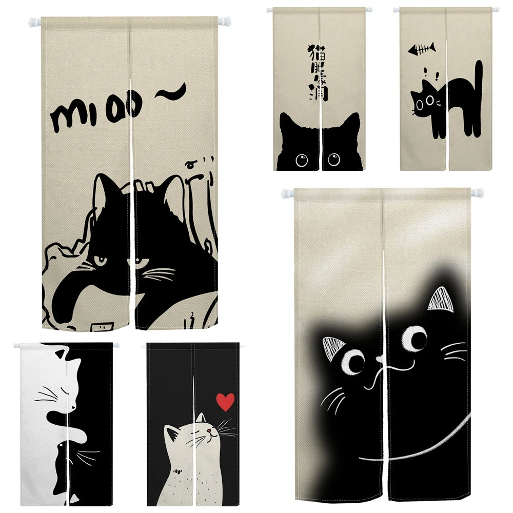 Cute Cat Japanese Noren Door Curtain, Black & White Cartoon Half Curtain for Bedroom, Kitchen & Doorway, 1-Panel Linen Room Divider for Home Decor