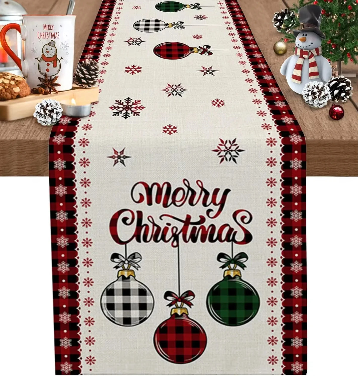Christmas Plaid Table Runner with Snowflake & Ornament Design, Merry Christmas Holiday Table Decor, Festive Polyester Dining Table Accent for Home, Party & Winter Decor